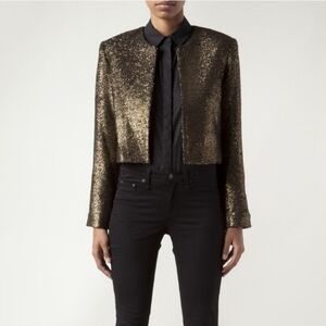 Nili Lotan Gold Black Brocade Clasp Front Cropped Blazer Jacket